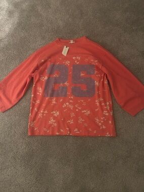 Anthropologie Pilcro Xs Coral Floral Football Jersey Top with Bold '25'